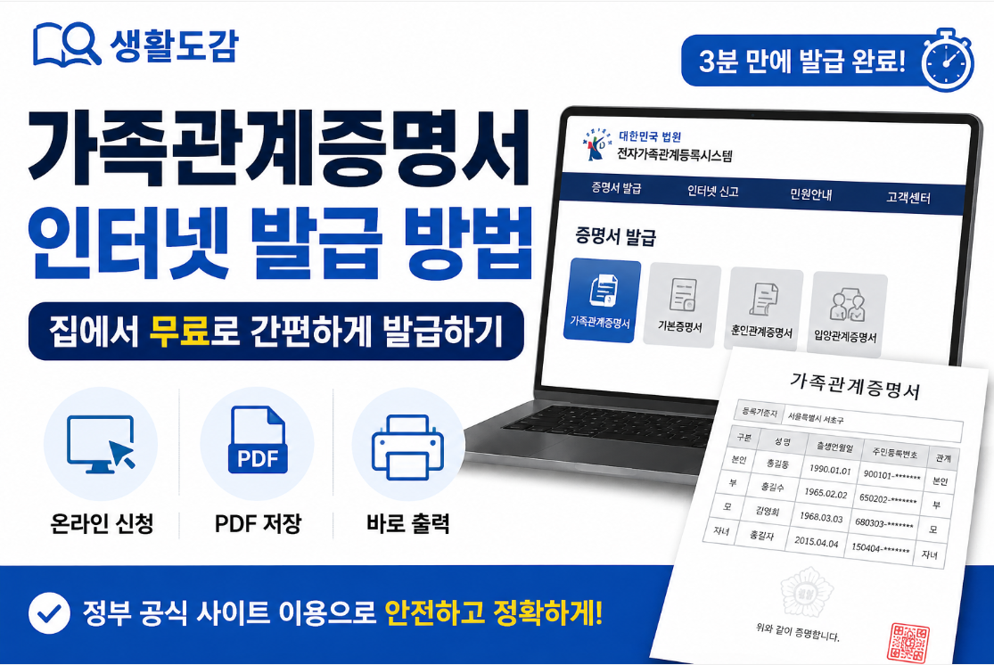 가족관계증명서 인터넷 발급 방법｜집에서 3분 만에 무료 발급하기