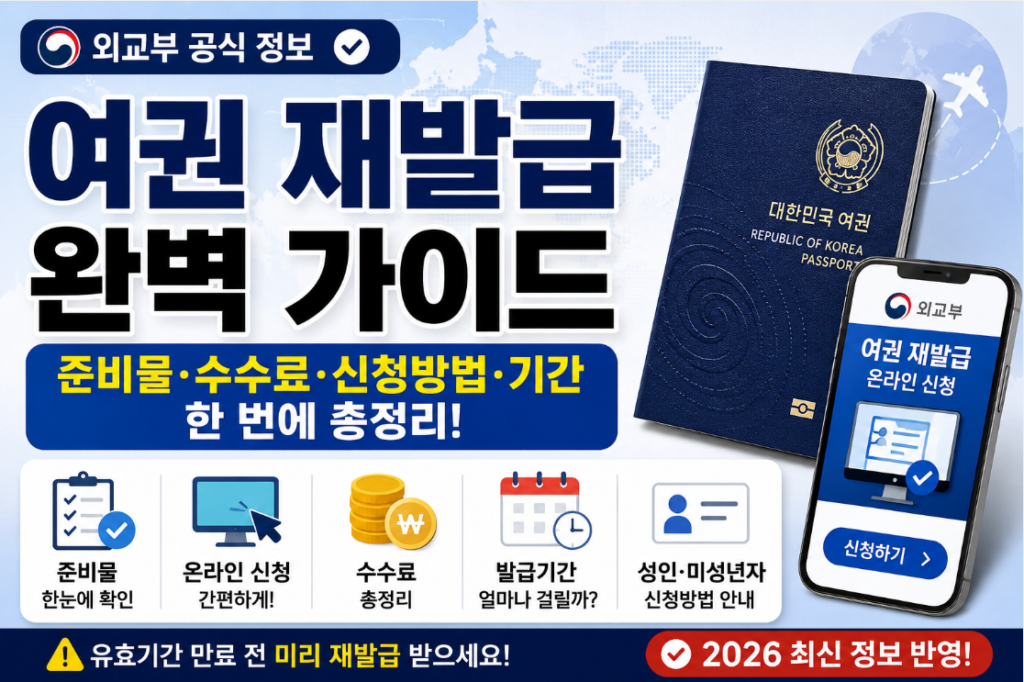 여권 재발급 준비물과 온라인 신청방법, 수수료, 발급기간을 정리한 안내 이미지