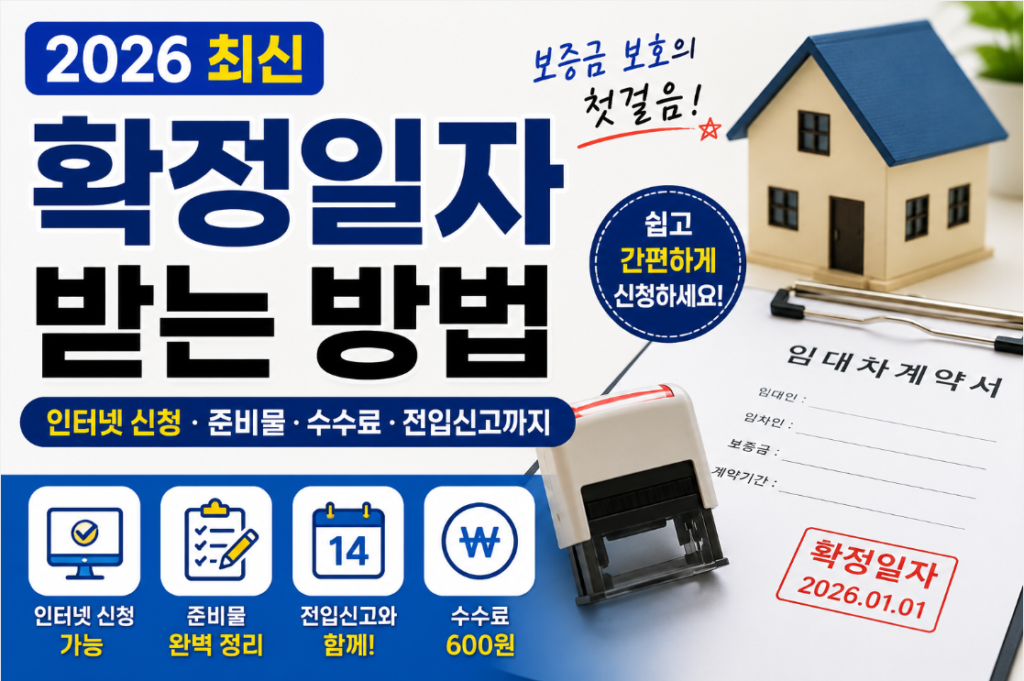 2026년 최신 확정일자 받는 방법 안내 썸네일. 인터넷 신청, 준비물, 수수료, 전입신고와 확정일자 신청 절차를 정리한 이미지