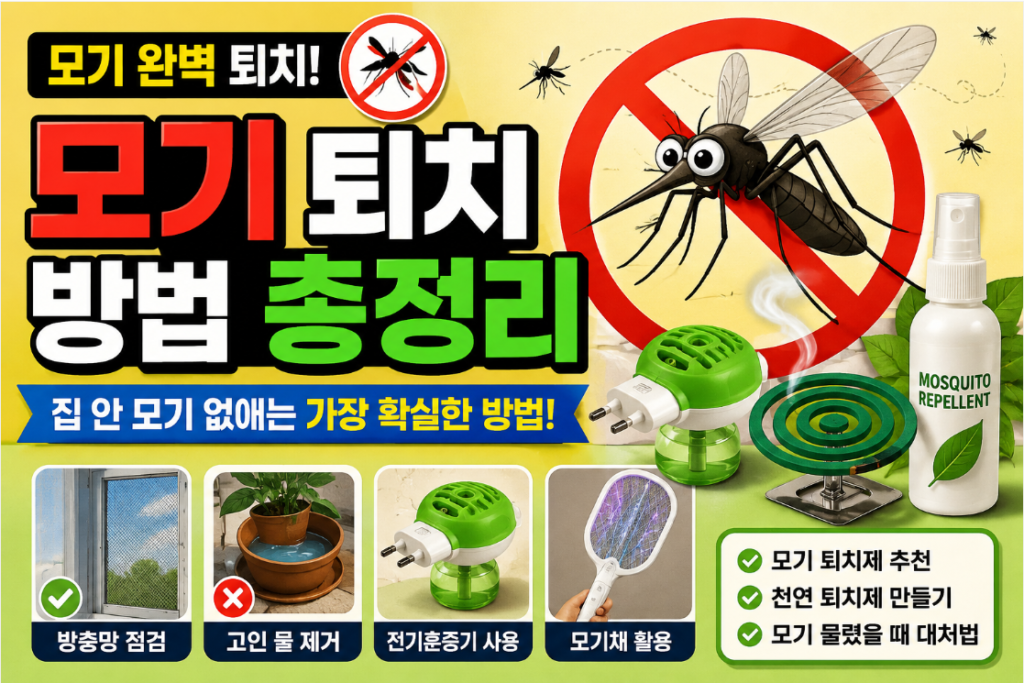 집 안 모기를 효과적으로 퇴치하고 예방하는 다양한 방법을 설명하는 이미지