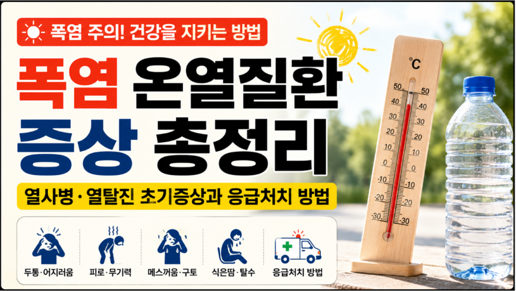 폭염으로 인해 온열질환 증상이 나타난 사람과 열사병 응급처치 방법을 설명하는 이미지