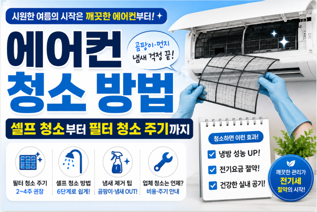 에어컨 청소 방법과 필터 청소 주기를 설명하는 이미지
