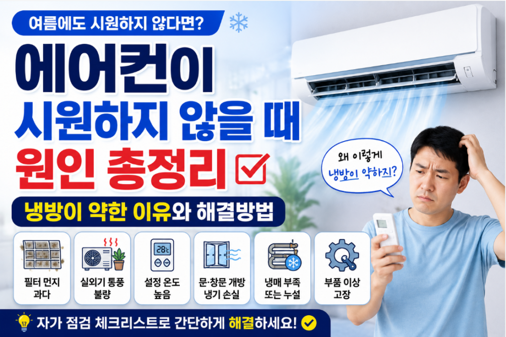 에어컨이 시원하지 않을 때 원인과 해결방법을 설명하는 이미지