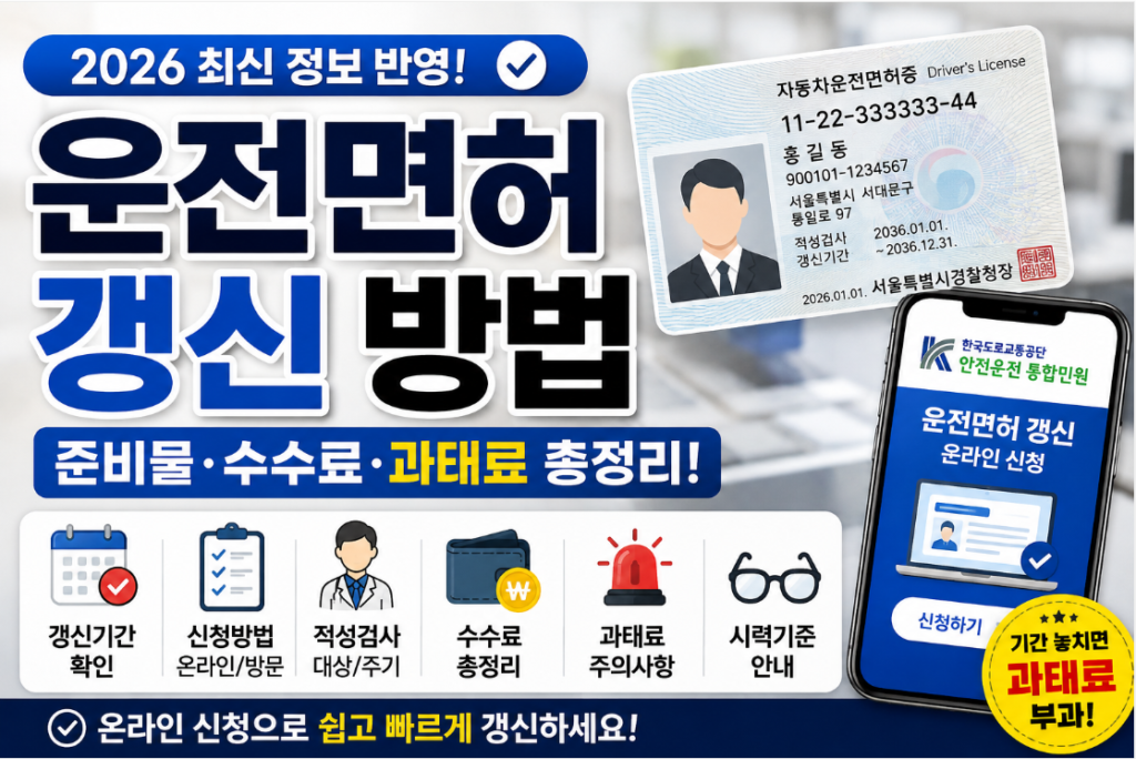 운전면허 갱신 방법과 적성검사 준비물, 온라인 신청 절차를 정리한 안내 이미지